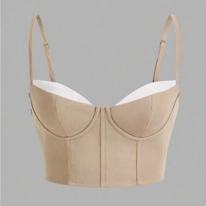 SHEIN Tan/White Contrast Zip-Up Bustier Top - XXS